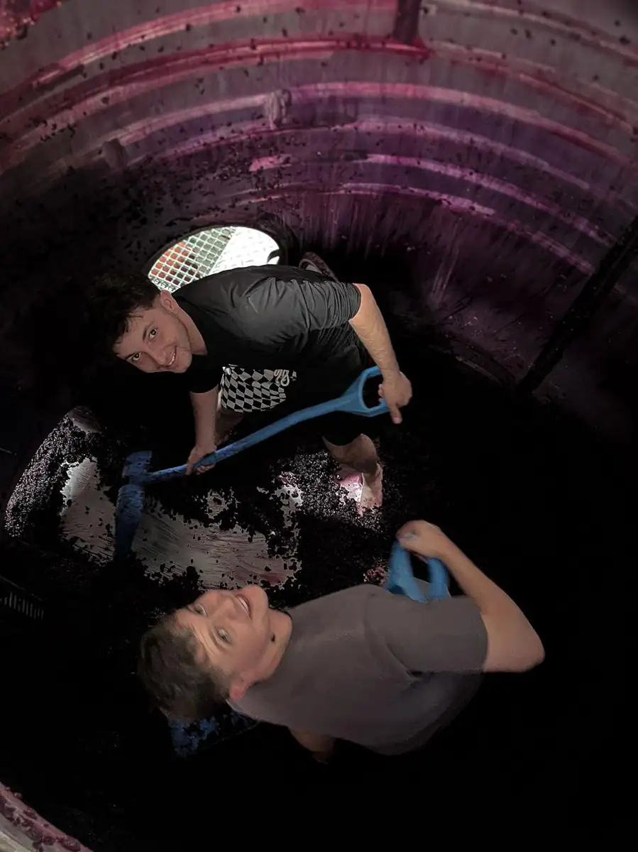 Two people inside an empty fermenter shovelling out skins